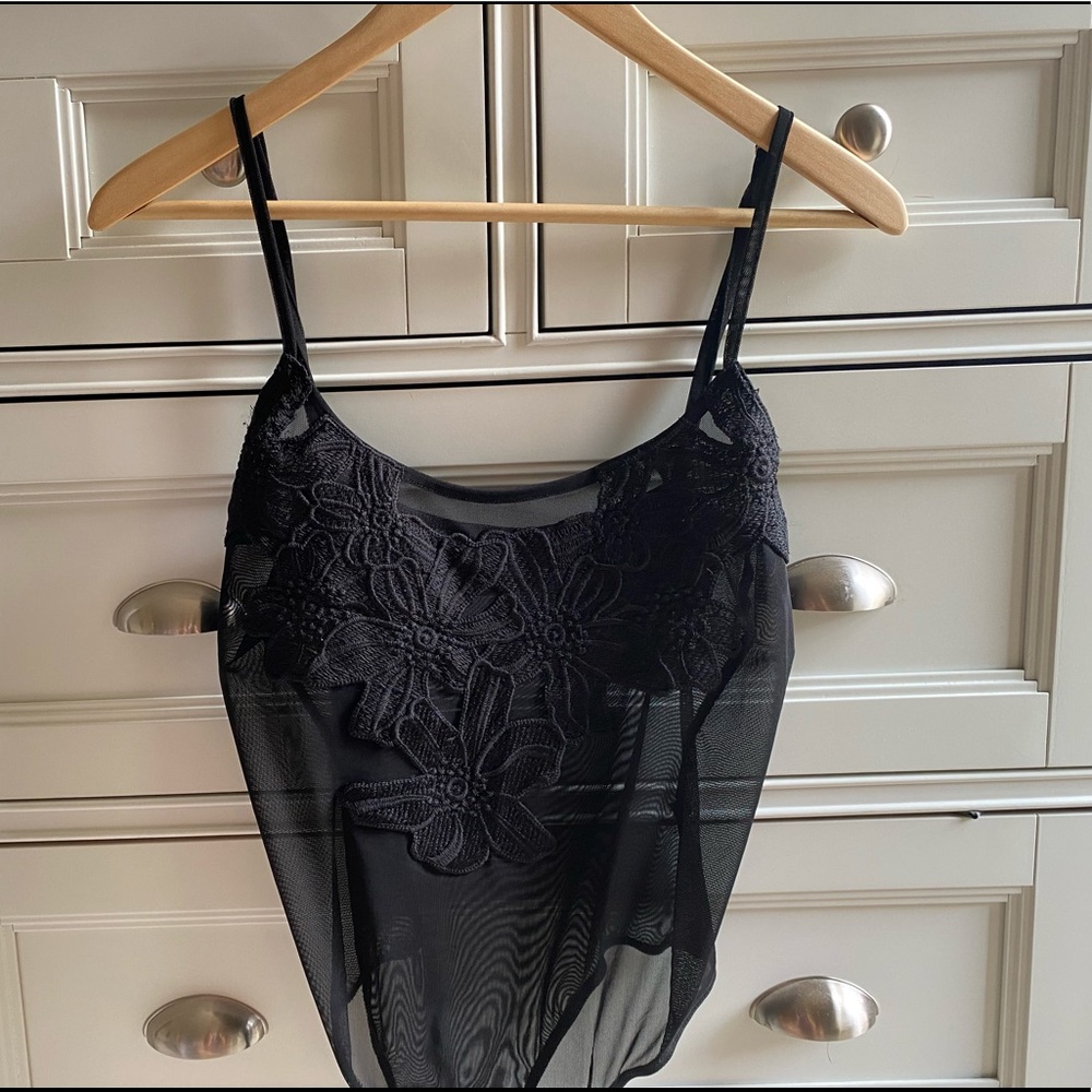 Lulu’s sheer bodysuit with flower detailing